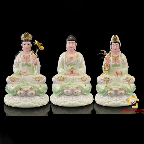 Tượng phật Tây Phương Tam Thánh Bằng Bột Đá Cẩm Thạch Thiên Thanh Viền Vàng cao 30-40-48cm