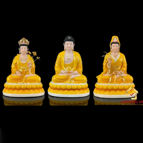 Tượng Phật Tây Phương Tam Thánh Đế To Bằng Bột Đá Hổ Phách cao từ 20 – 48 cm