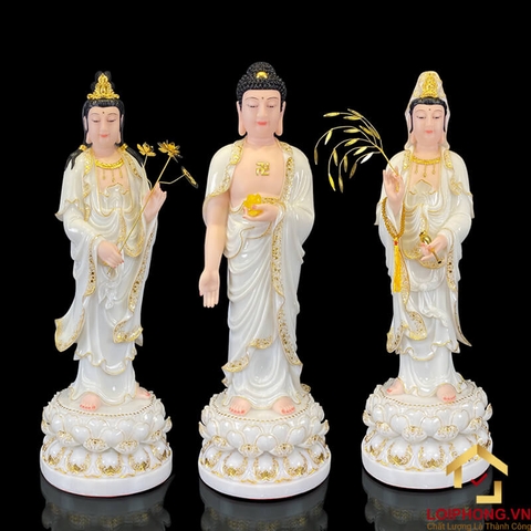 Tượng Phật Tây Phương Tam Thánh Đứng Đài Sen Bằng Bột Đá Trắng Viền Dát Vàng cao từ 40cm – 150cm