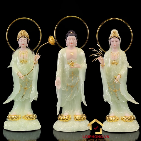 Tượng Phật Tây Phương Tam Thánh Đứng Đài Sen Bằng Bột Đá Thạch Ngọc Có Hào Quang cao từ 48 – 90cm