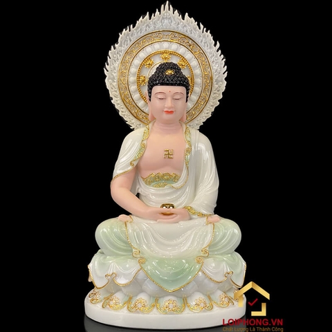 Tượng Phật Thích Ca Ngồi Đế Hoa Sen Có Lá Đề Bằng Bột Đá Cẩm Thạch Thiên Thanh Viền Vàng Cao 40 – 90 cm