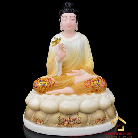 Tượng Phật Thích Ca Ngồi Đế Hoa Sen Vẽ Hoa Bằng Bột Đá Sơn Cao 40cm, 48cm