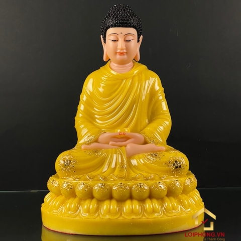 Tượng Phật Thích Ca Ngồi Tĩnh Tâm Đế Hoa Sen Bằng Bột Đá Thạch Anh Viền Vàng Cao 30 – 48cm