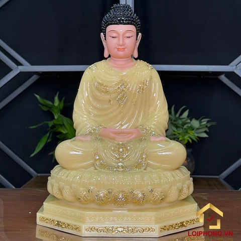 Tượng Phật Thích Ca Tĩnh Tâm Ngồi Đài Sen 8 Cạnh Bằng Bột Đá Thạch Anh Viền Vàng Cao 48cm