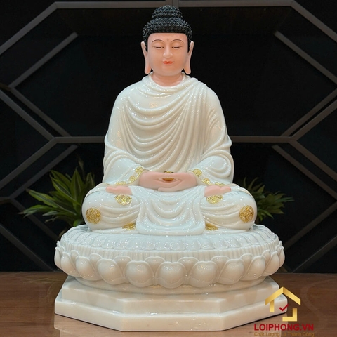 Tượng Phật Thích Ca Tĩnh Tâm Ngồi Đài Sen 8 Cạnh Bằng Bột Đá Trắng Viền Vàng Cao 65 cm