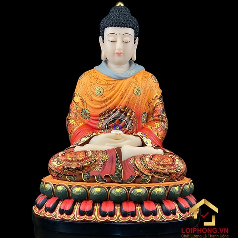 Tượng Phật Thích Ca Tĩnh Tâm Ngồi Đài Sen Bằng Bột Đá Vẽ Gấm Đỏ Cao 48 cm