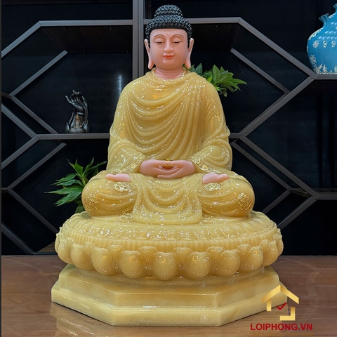 Tượng Phật Thích Ca Tĩnh Tâm Ngồi Đài Sen Tám Cạnh Bằng Bột Đá Thạch Anh Viền Vàng Cao 40cm