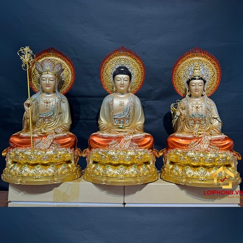 Tượng Ta Bà Tam Thánh ngồi bằng đồng men cổ đế báo liên có lá đề cao 30-48 cm