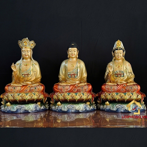 Tượng Ta Bà Tam Thánh ngồi bằng đồng men cổ đế non nước cao 30 - 65 cm