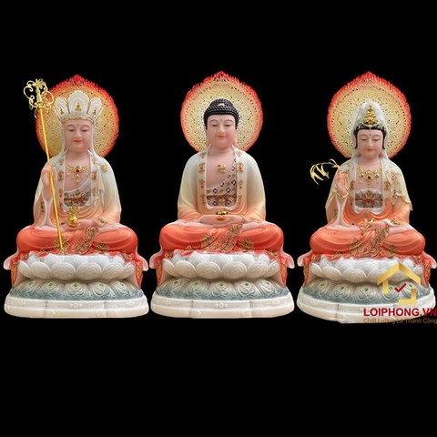 Tượng Ta Bà Tam Thánh ngồi đế bảo liên bột đá sơn đỏ cao 30 - 65 cm