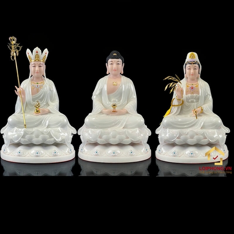 Tượng Ta Bà Tam Thánh ngồi hoa sen đế to bột đá trắng cao 30 - 65 cm