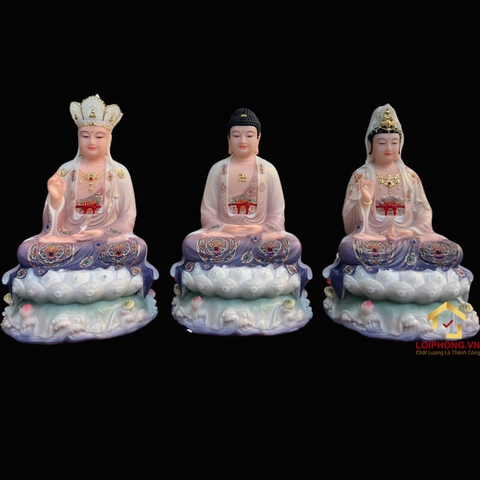 Tượng Ta Bà Tam Thánh ngồi đế non nước sơn màu cao 30 - 65 cm