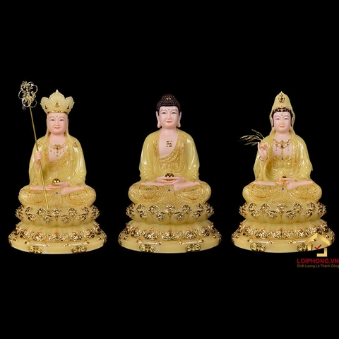 Tượng Ta Bà Tam Thánh ngồi đế non nước bột đá thạch anh cao 30 - 65 cm