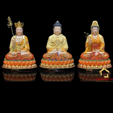 Tượng Ta Bà Tam Thánh ngồi đế hoa sen bằng bột đá vẽ gấm viền vàng cao từ 40cm, 48cm đến 65cm