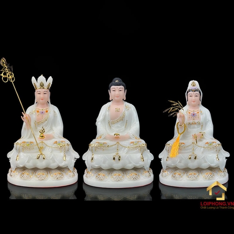 Tượng Ta Bà Tam Thánh ngồi đế hoa sen bằng bột đá trắng viền vàng cao 30 - 65cm