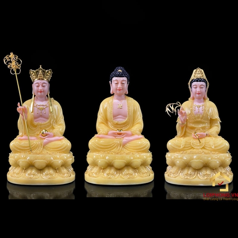 Tượng Ta Bà Tam Thánh ngồi đế hoa sen bằng bột đá thạch anh viền vàng cao 30 - 65cm