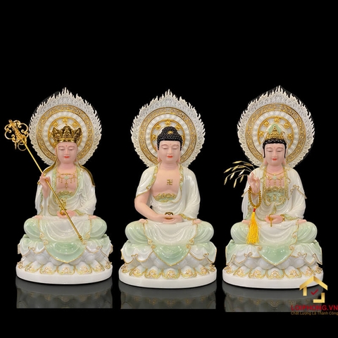 Tượng Ta Bà Tam Thánh Ngồi Hoa Sen Bằng Bột Đá Cẩm Thạch Thiên Thanh Có Lá Đề cao 40 - 65cm