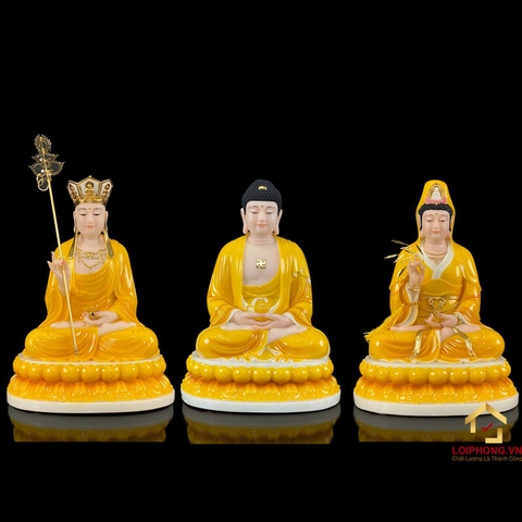 Tượng Ta Bà Tam Thánh Ngồi Đế To Bằng Bột Đá Hổ Phách cao 30 – 48cm