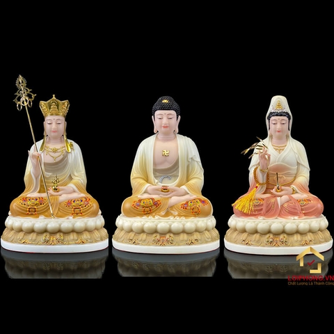 Tượng Ta Bà Tam Thánh Ngồi Đế Hoa Sen Bằng Bột Đá Sơn Vẽ Hoa cao từ 30 - 48cm