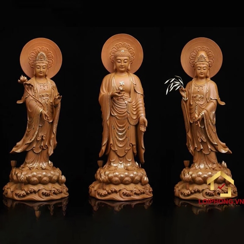 Tượng Phật Tây Phương Tam Thánh Đứng Đế Non Nước Viền Vàng Bằng Gỗ Đài Loan Cao Cấp cao 48-65cm