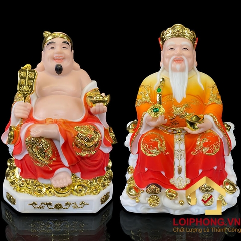 Tượng Thần Tài Thổ Địa trang phục màu đỏ cam viền vàng cao từ 20 – 40 cm