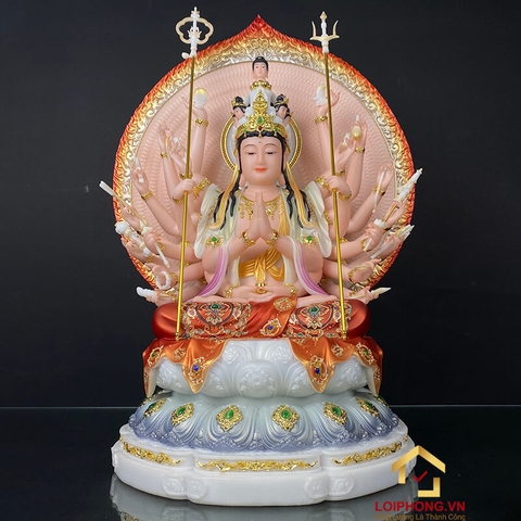 Tượng Thiên Thủ Thiên Nhãn Bằng Bột Đá Sơn Màu Vẽ Gấm cao 30 – 48cm