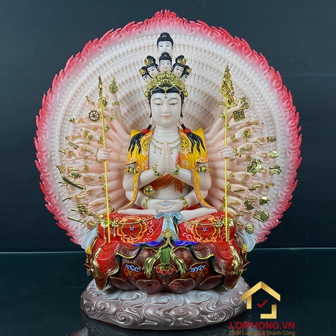 Tượng Thiên Thủ Thiên Nhãn Ngồi Đế Mây Bằng Bột Đá Vẽ Gấm Cao 40cm, 48cm