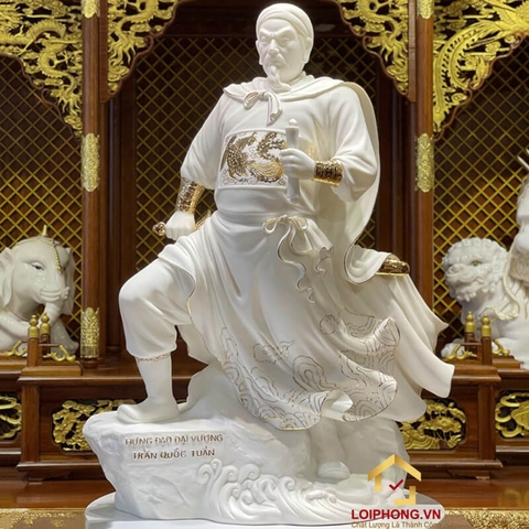 Tượng Trần Quốc Tuấn bằng Đá bạch ngọc cao 65cm dát vàng vẽ mây