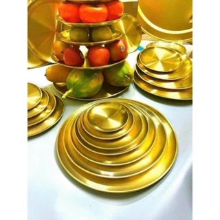 Bộ Đĩa Tròn Inox Mạ Vàng làm Khay Lễ để hoa quả Nhiều tầng, Bộ Đĩa đựng Thức Ăn Sang trọng