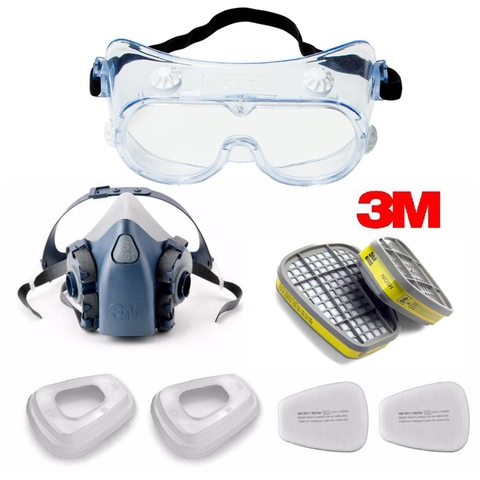 Mặt nạ 3M 7501 + 3M 6003 kèm nắp bông lọc và kính (china)