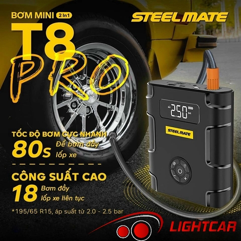 Bơm Lốp Mini Steelmate T8 Pro , Bơm Lốp Kiêm Kích Bình Loại Cao Cấp