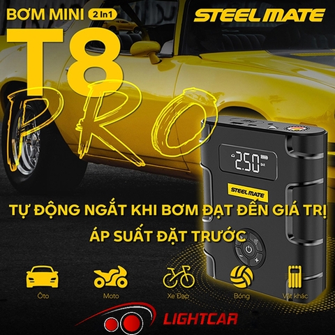 Bơm Lốp Mini Steelmate T8 Pro , Bơm Lốp Kiêm Kích Bình Loại Cao Cấp