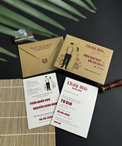 (BN-K041) Thiệp Cưới giấy Kraft hình chibi