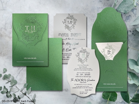 (DQ25VIP03-GreenBeige) Thiệp Cưới Ánh Kim Cao Cấp Ép Kim