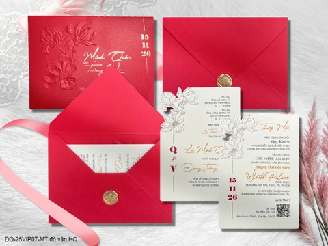 (DQ25VIP07-MT đỏ vân HQ) Thiệp Cưới Cao Cấp Ép Kim
