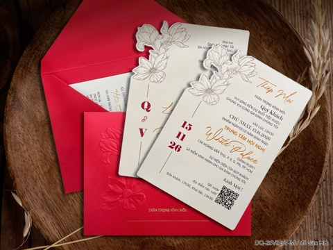 (DQ25VIP07-MT đỏ vân HQ) Thiệp Cưới Cao Cấp Ép Kim