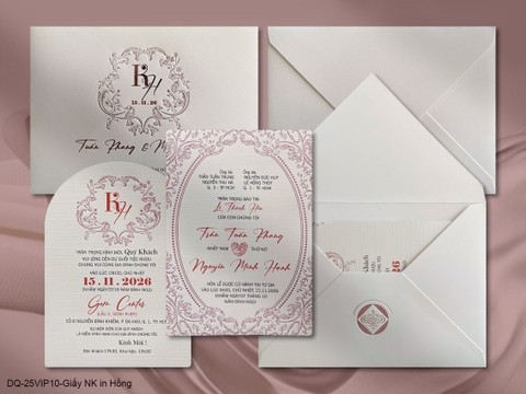 (DQ25VIP10-Giấy NK in Hồng) Thiệp Cưới Cao Cấp Ép Kim