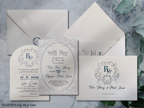 (DQ25VIP10-Giấy NK in Xanh) Thiệp Cưới  Cao Cấp Ép Kim