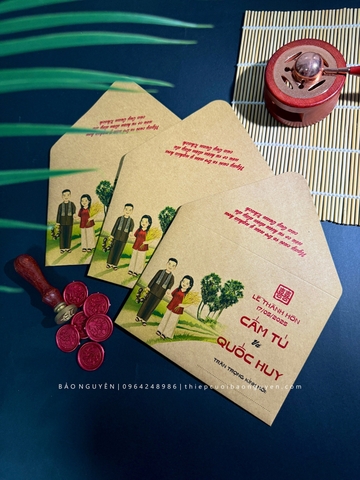 (BN-K044) Thiệp Cưới giấy Kraft hình chibi