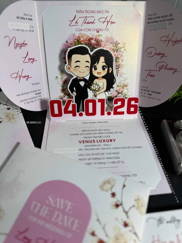 (RR-BN-PU01) Thiệp Cưới Ánh Kim 3D Cao Cấp Mẫu Chibi Hiện Đại