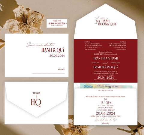 (RR3IN1 - BN011) Thiệp Cưới Gập 3 Có Bao Thư 3IN1