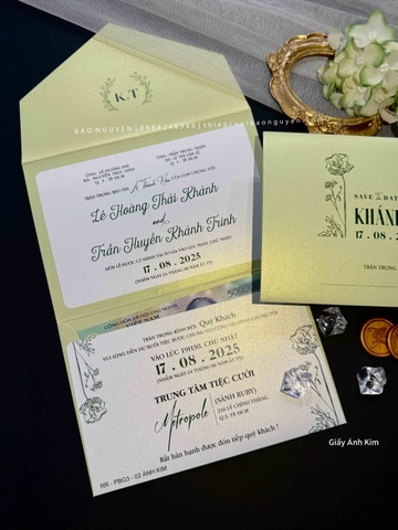 (RR3IN1 - BN045) Thiệp Cưới Gập 3 Có Bao Thư 3IN1 giấy ánh kim thơm