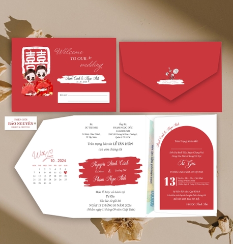 (RR3IN1 - BN050) Thiệp Cưới Gập 3 Có Bao Thư 3IN1