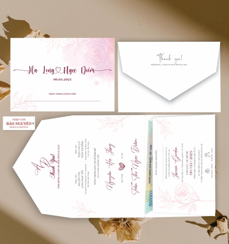 (RR3IN1 - BN051) Thiệp Cưới Gập 3 Có Bao Thư 3IN1