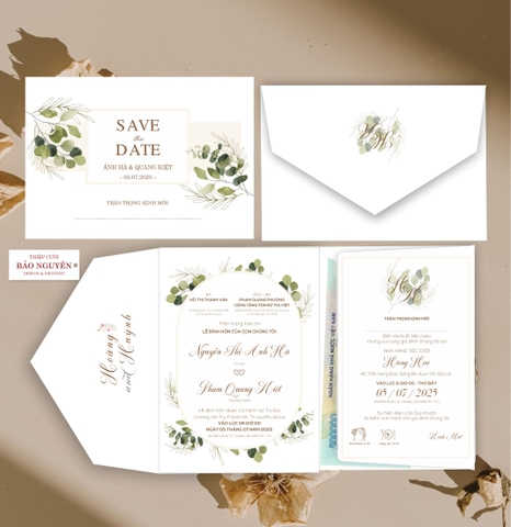 (RR3IN1 - BN052) Thiệp Cưới Gập 3 Có Bao Thư 3IN1