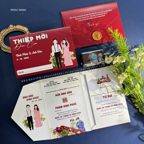 (RR3IN1 - BN056) Thiệp Cưới Gập 3 Có Bao Thư 3IN1