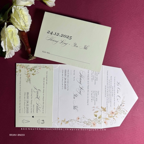 (RR3IN1 - BN059) Thiệp Cưới Gập 3 Có Bao Thư 3IN1