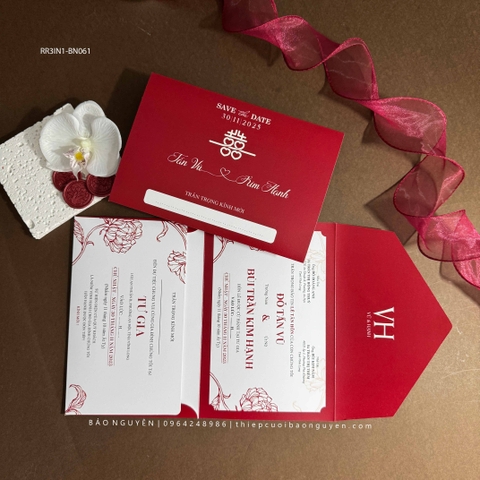 (RR3IN1 - BN060) Thiệp Cưới Gập 3 Có Bao Thư 3IN1