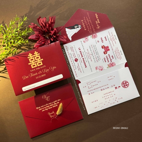 (RR3IN1 - BN061) Thiệp Cưới Gập 3 Có Bao Thư 3IN1