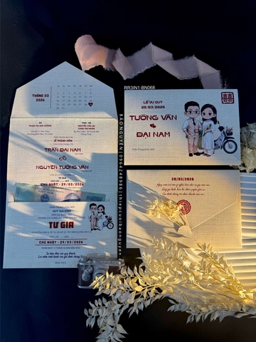 (RR3IN1 - BN068) Thiệp Cưới Gập 3 Có Bao Thư 3IN1